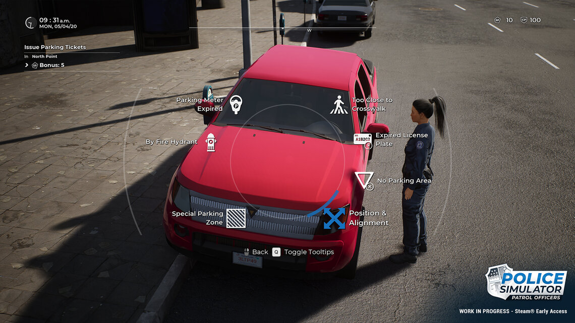 A police woman stands next to a red car fining a parking violation