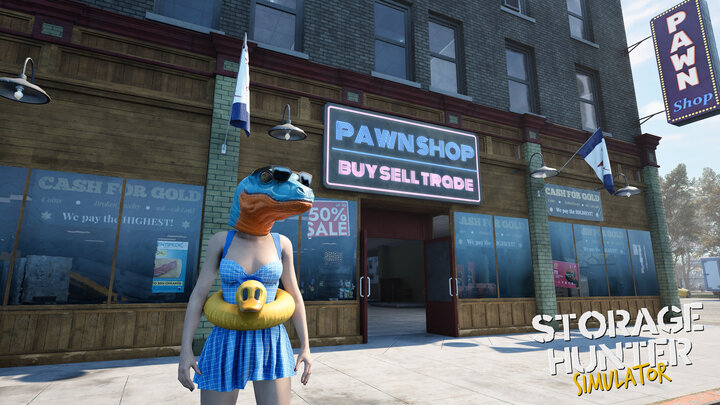 Storage Hunter Simulator, auctioneer wearing funny costume in front of pawn shop