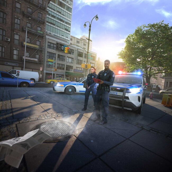 police officers standing in front of police car in a city. Houses can be seen in the background